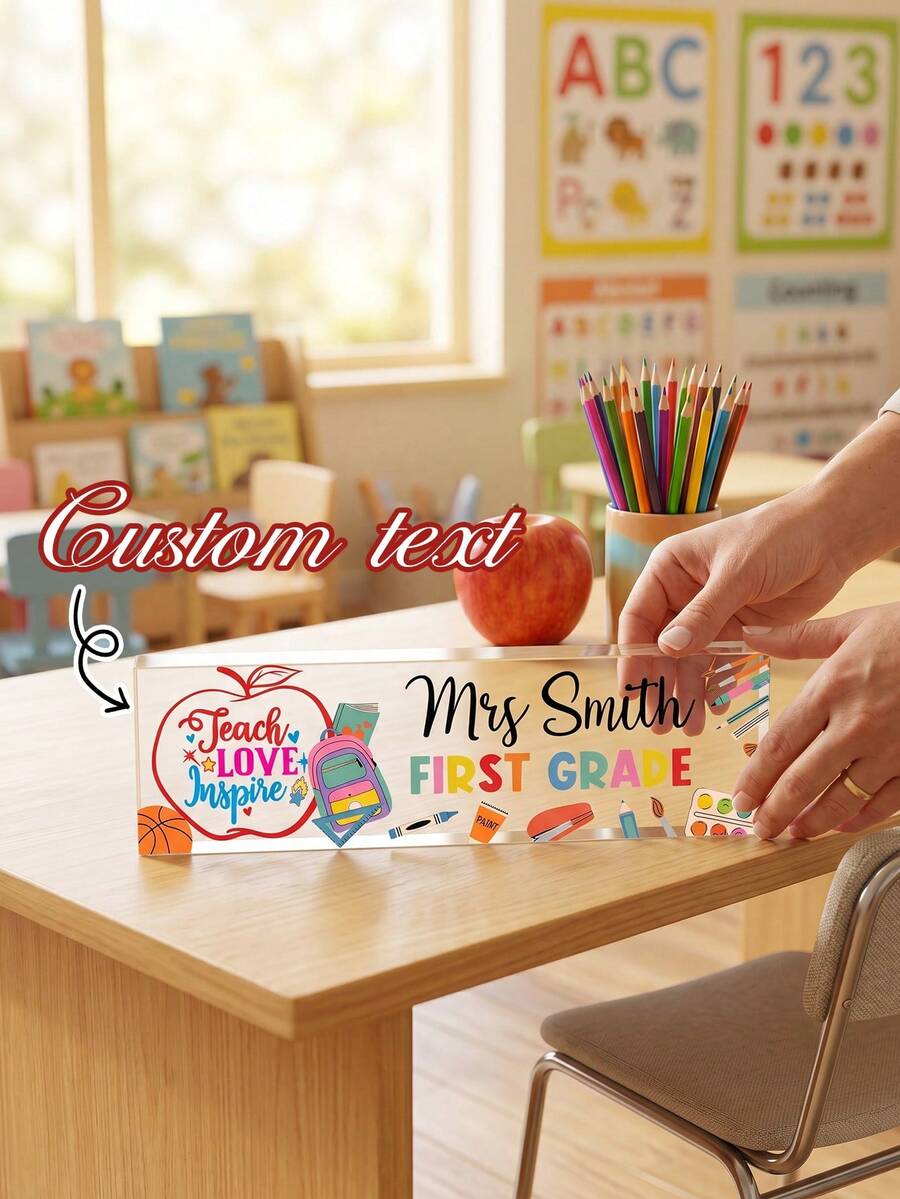 1pc Personalized Teacher Acrylic Desk Name Plate, Customized Teacher 1st Grade Classroom Decor, Teacher Appreciation Gift, School Office Sign, Teacher Desk Sign, Classroom Decor, Desk Sign, Teacher's Day Gift, Back To School Gift - Multicolor - View 1