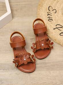 1 Pair Beige Girls' Flat Sandals, Solid Color Soft PU Braided Fabric + Shiny Rhinestone Flower Strap Decor, Classic Single Strap Hook & Loop Design, Round Toe Open Toe Fashionable Cute Beach Sandals, Suitable For 3-12 Years Old Girls' Daily Casual Wear, Spring/Summer New - Brown - View 3