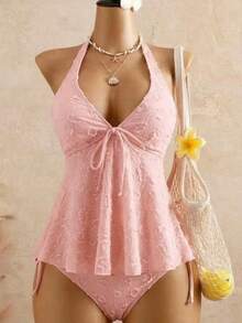 Women's Textured Halter Tankini Set, Two-Piece Swimsuit With Tie-Front Top & High Cut Bottoms - 米白色 - 查看 8