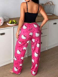 SANRIO 1件三麗鷗 Hello Kitty 卡通印花女款睡褲，卡通角色設計，時尚派對禮物，送給朋友的最佳禮物，Hello Kitty 睡褲，女款夏季睡衣套裝，女款睡褲 - 粉色 - 查看 4