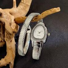 SOKI Women's Vintage Snake Head Design Wristwatch, Rhinestone Bezel, Snake Pattern Dial, Elastic Snake-Shaped Metal Expandable Band, Luxury Gold Quartz Watch, Suitable For Banquet And Daily Wear, Ideal Gift - Silver - View 7