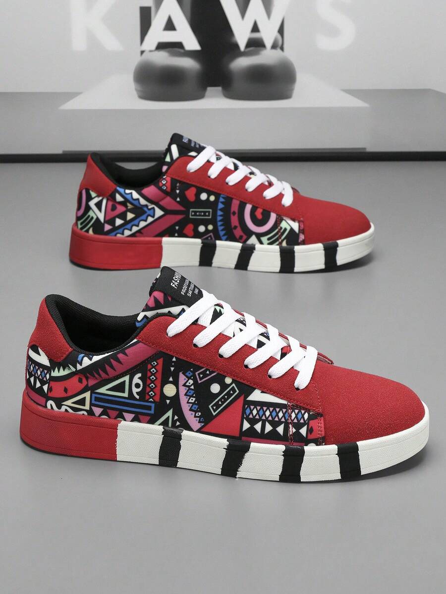 Men's Sports Running Shoes Canvas Black Red Geometric Pattern Front Lace-Up Sneakers, Couple Style Fashion All-Over Graffiti Print Casual Comfortable Skate Shoes