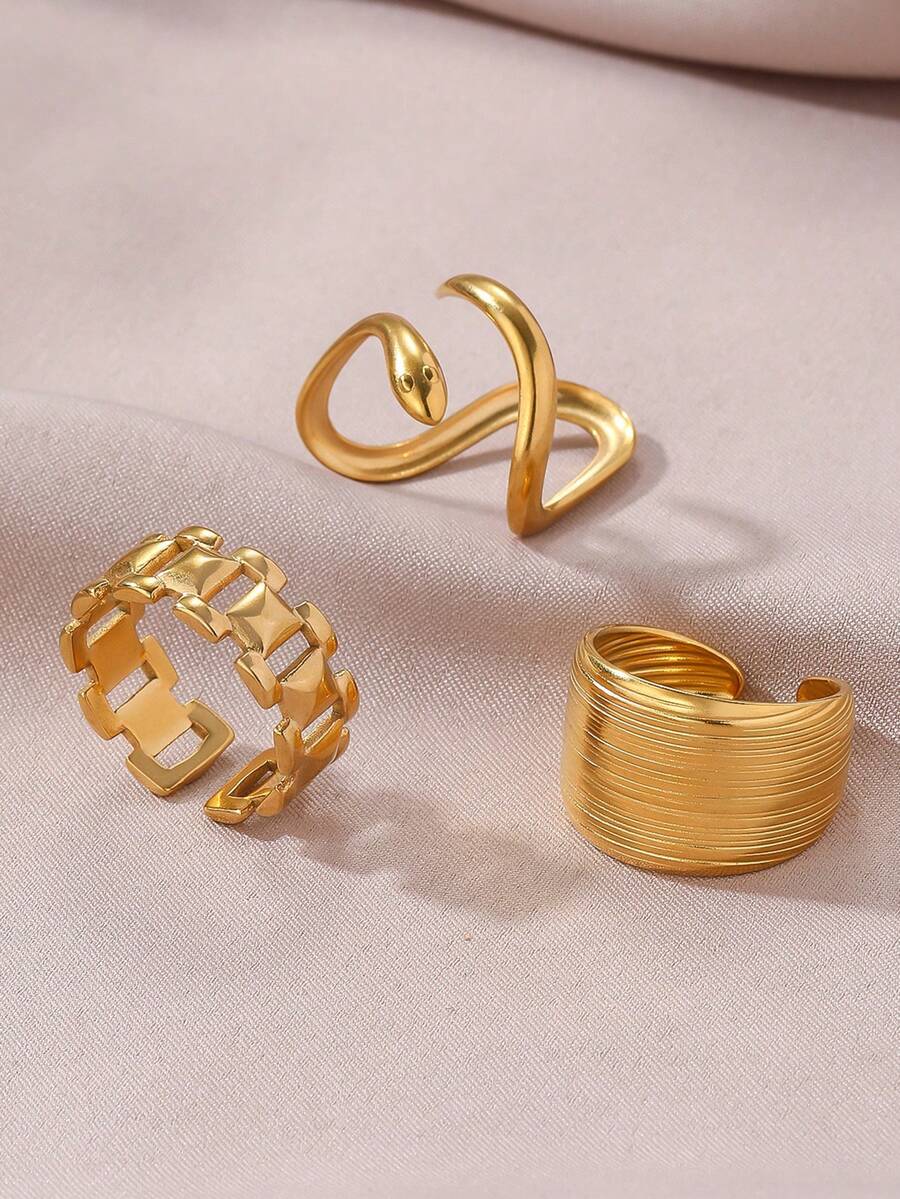 3pcs Minimalist Stainless Steel 18K Gold Plated Leaf & Flower Open Ring Set For Women, Hollow Design, Suitable For Daily, Festival, Date, Birthday, New Year Celebration Accessories Or Gift