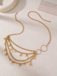 1pc Women's Fashionable Elegant Gold Starfish Seashell Star Faux Pearl Heart Multi-Layer Waist Chain Body Chain Bohemian Style Accessory Decoration For Dress, Versatile For Daily, Party, Holiday, Vacationconcert Outfit - Gold - View 2