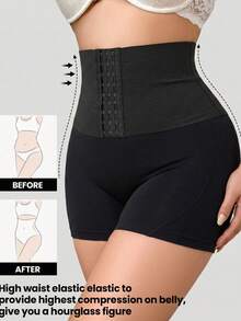 High Waist Hook Eye Shaping Shorts, Suitable For Plus Size Women, Waist And Abdomen Shaping, Butt Lift, Daily Wear Compression Shaping - Black - View 3