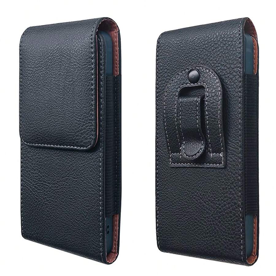 Vertical Phone Waist Pouch With Belt Loop, Men's Lychee Grain Leather Waist Bag, Waist Belt Pouch For Elderly - Black - View 1