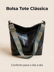 Women's High-Quality PU Bucket Bag, Wide Adjustable Printed Strap, Casual Street Style For Everyday Use - 黑色 - 查看 10