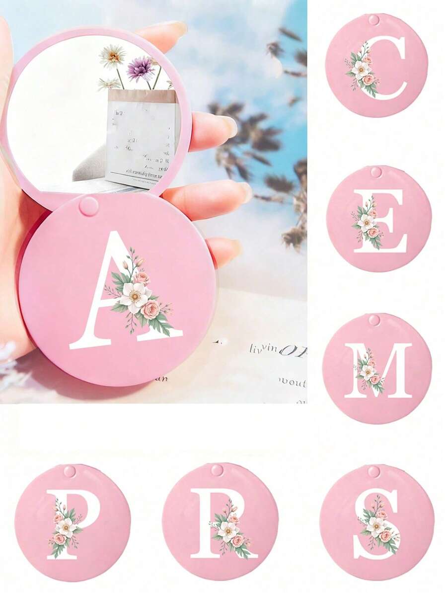 時尚粉色滑蓋迷你鏡 A-Z 首字母印花，雙面折疊迷你鏡，可愛化妝鏡，超迷你迷你鏡，便攜式化妝鏡，微型手鏡，化妝鏡，日常使用，旅行與派對，可愛有趣的小禮物，女性禮物，媽媽，老師，朋友，伴娘，返校，老師禮物，中性，情侶，日常用品，約會，生日，節日，返校，夏季，度假，海灘，旅行，通勤