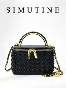 SIMUTINE Tas Kotak Fashion untuk Wanita, Tas Tote Bertekstur dengan Rivet dan Tali Rantai Serbaguna, Bahan PU, Tali Bahu yang Dapat Diatur, Tas untuk Penggunaan Sehari-hari, Cocok untuk Belanja, Bepergian, Berbelanja, Bekerja, dan Kuliah - Hitam - View 2