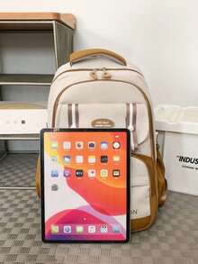 Large Capacity Color Block School Backpack | Beige & Black Bag With Logo & Striped Details | School/Travel/Commute | Bag,Y2k - Multicolor - View 6