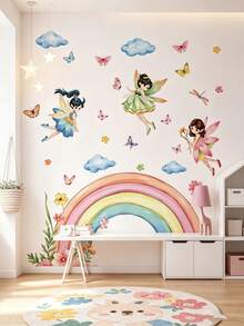 Rainbow Fairy Deer Wall Decal, Butterfly Cloud Floral Sticker, Home Wall Art Decor, Nursery Girls Room, Removable Self-Adhesive Room Art - Multicolor - View 3