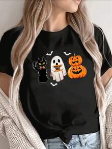 Camiseta de poliéster negra para Halloween con estampado de gato y calabaza, top ligero e informal para fiestas, uso en casa o en restaurantes, diseño cómodo y duradero. - Negro - Ver 1