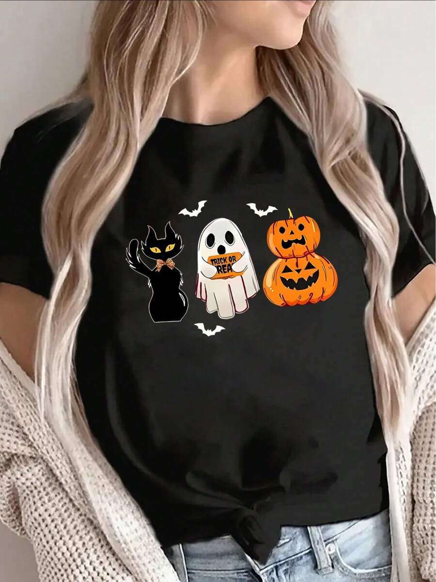 Camiseta de poliéster negra para Halloween con estampado de gato y calabaza, top ligero e informal para fiestas, uso en casa o en restaurantes, diseño cómodo y duradero. - Negro - Ver 1