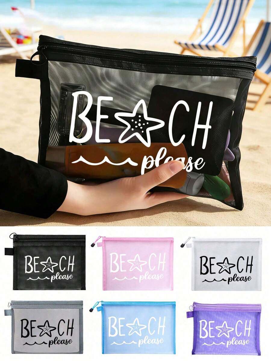 多色时尚网眼沙滩包，印有“Beach”字样的化妆包，沙滩主题。大容量透明化妆包，尼龙拉链设计，轻便易携，可收纳防晒霜、零食、比基尼和沙滩必备用品。春夏收纳好帮手，经久耐用，适合游泳、沙滩、潜水和暑假出行，也适合返校季使用。轻便防晒收纳包，适合送给朋友、母亲节或作为返校季礼物。