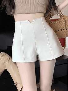 CZJ Women's High Waist A-Line Suit Shorts In Solid Color - [白色的] - 查看 5