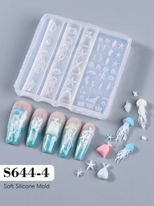 1件透明軟矽膠3D海洋美甲模具，水母、海星、珊瑚、貝殼與海洋生物，可重複使用雕刻模板，易脫模美甲工具，適用於DIY UV凝膠、壓克力、Poly Gel美甲延長，夏季海灘水下主題美甲用品 - 無色 - 查看 10