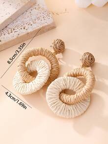 1 Pair Ins Bohemian Straw Woven Earrings, Earth Tone Color Block Round Hoop Earrings, Beach Vacation Photo Props, Beach Holiday, Daily Commute, Spring/Autumn Outing Picnic, Music Festival, Bestie Travel Photo, Date Night, Student Campus, Mori Pastoral Style - Khaki - View 5
