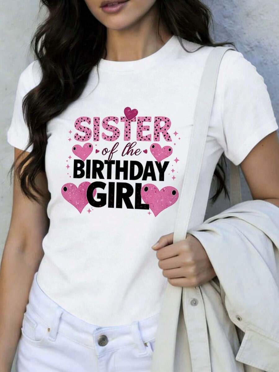 Camiseta gráfica de la hermana cumplea?os oto?o, 100% algodón, cuello redondo, corte holgado, cómoda, casual - Blanco - Ver 1