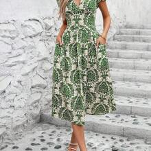 Clasi Vestido midi de línea A con cuello en V y manga corta, con estampado de plantas tropicales, elegante para uso diario y vacaciones - Azul marino - Ver 5
