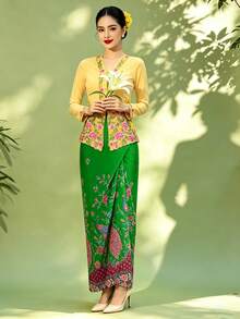 女款 Saruang Kebaya，1件裝 Nyonya Kebaya 花卉印花優雅長裙，春/夏款（不含上衣） - 綠色 - 查看 8
