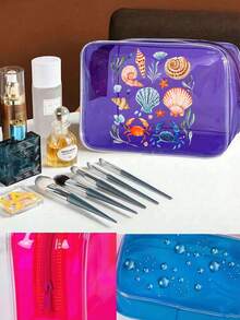 Bolsa de Armazenamento Transparente e À Prova d'Água, Bolsa de Cosméticos com Zíper e Estampa de Concha Marinha de Desenho Animado, Bolsa de Armazenamento Multifuncional com Grande Capacidade e À Prova d'Água, Bolsa de Higiene Pessoal Transparente para Mulheres, Bolsa de Higiene Dobrável e Leve, Organizador de Cosméticos Portátil para Viagem e Cuidados Pessoais. Presente para o Dia do Professor, Dia das Mães, Volta às Aulas, Férias - Multicolorido - Visão 7