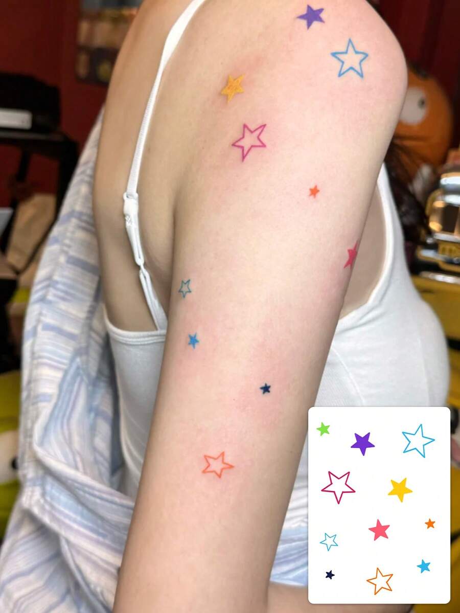 1件裝彩色五角星臨時紋身貼紙，防水假紋身貼，極簡俏皮女性身體藝術 - 彩色 - 查看 1