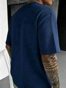 100% Cotton T-Shirt, Men's Solid Color Basic Oversized T-Shirt, Casual Versatile Daily Wear Short Sleeve Crew Neck Top - 海軍藍色 - 查看 2