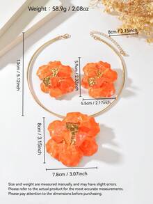 1套3件裝時尚優雅誇張個性化壓褶橘色3D花卉吊墜頸鍊與耳環套組，復古個性輕奢高端金色質感3D滴油花朵耳環與頸鍊套組，適合女性日常、度假、派對穿搭 - 橘色 - 查看 5