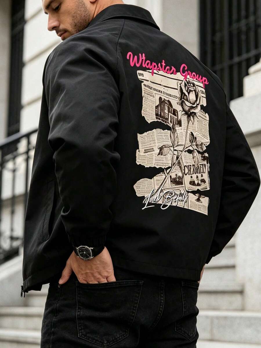 Men's Autumn/Winter Long Sleeve Collar Retro Rose Print Jacket, For Fall - Black - View 1