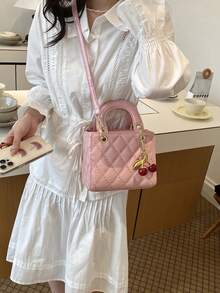 Sweet And Delicate Quilted Design, Cherry Pendant Decoration, Mini Lady Bag, Fashionable, Versatile, Simple And Elegant Women's Handbag. - Pink - View 8
