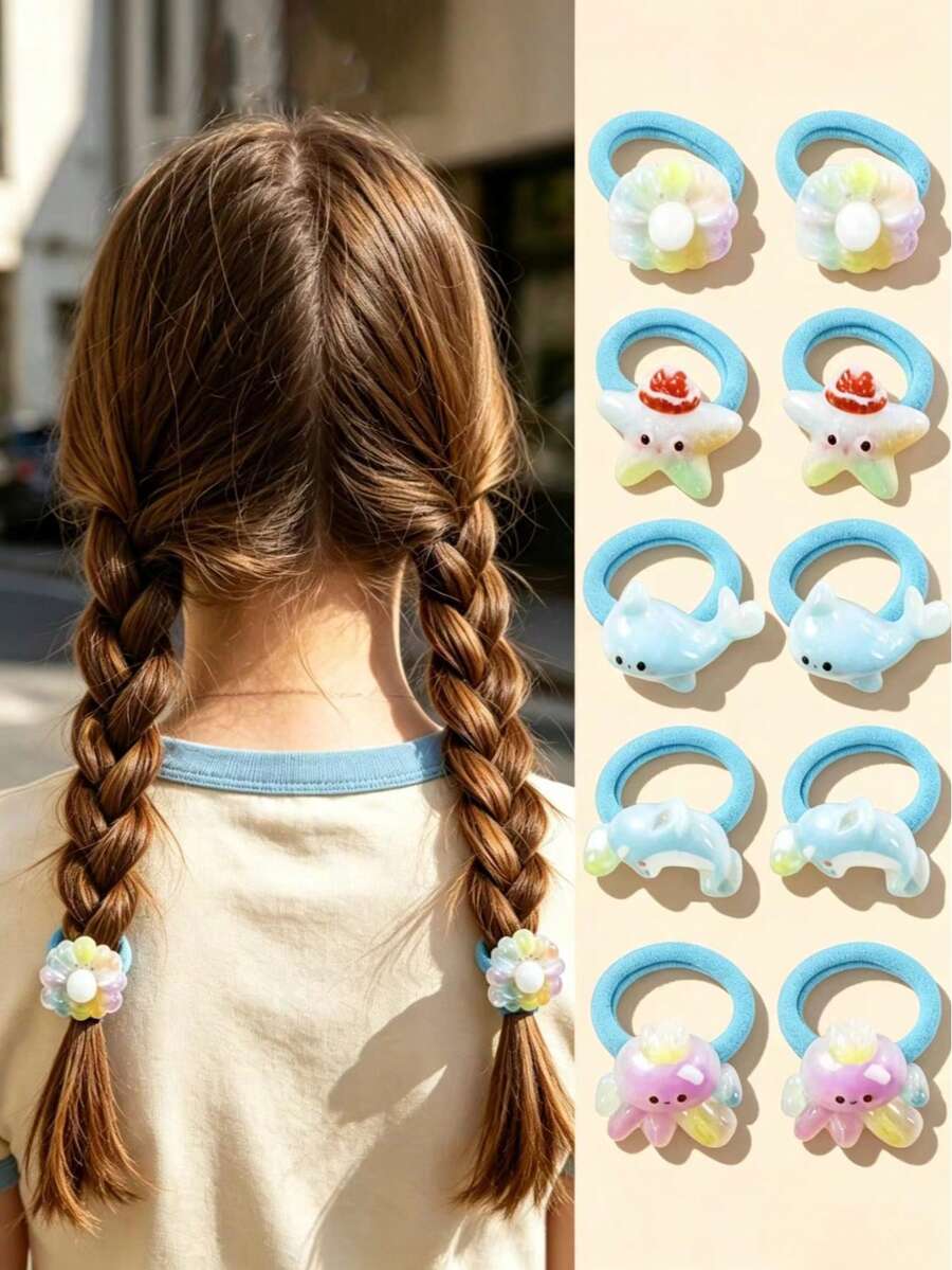 10pcs Cute Cartoon Ocean Whale Octopus Starfish Hair Ties Elastic Band Set, Casual Hair Ties For Ponytails, Multi-Functional Hair Bands, Decorative Elastic Bands For Bags And Wrists, Suitable For Spring And Summer, Great Gift Choice - Multicolor - View 1