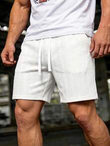 Men's Lightweight Breathable Textured Knit Shorts, Premium Fabric Drawstring Waist Casual Summer Shorts - White - View 2