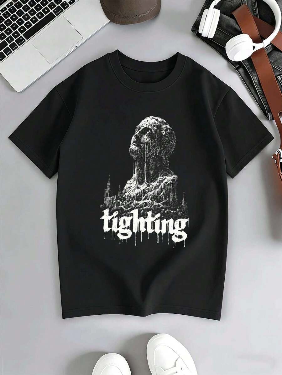 T-shirt d'été pour homme, imprimé statue gothique, col rond, coupe ample, décontracté, confortable, motif graphique unique - Noir - Voir 1