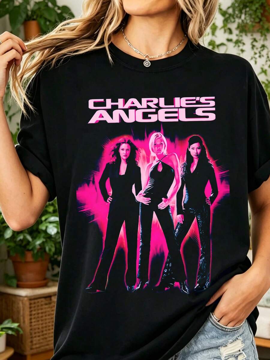 Charlie's Angels T-Shirt 100% Cotton Movie Action Retro Style Unisex - Black - View 1