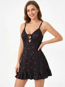 2pcs Women's Valentine's Day Summer Set - Romantic Style, Heart Print, Ruffle Hem And Bow Decoration; Soft Nightgown - Multicolor - View 9