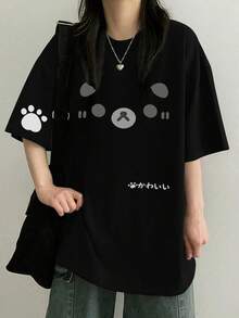 女款休閒寬鬆圓領可愛熊臉印花短袖T恤，夏季黑色 - 黑色 - 查看 3