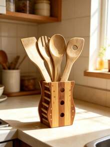 Bamboo Kitchen Utensils Set With Holder Natural Wooden Cooking Spatula Spoon Kit Kitchen Counter Storage Rack Non-Stick Cookware Kitchen Gadgets - Bamboo Wood Color - View 2