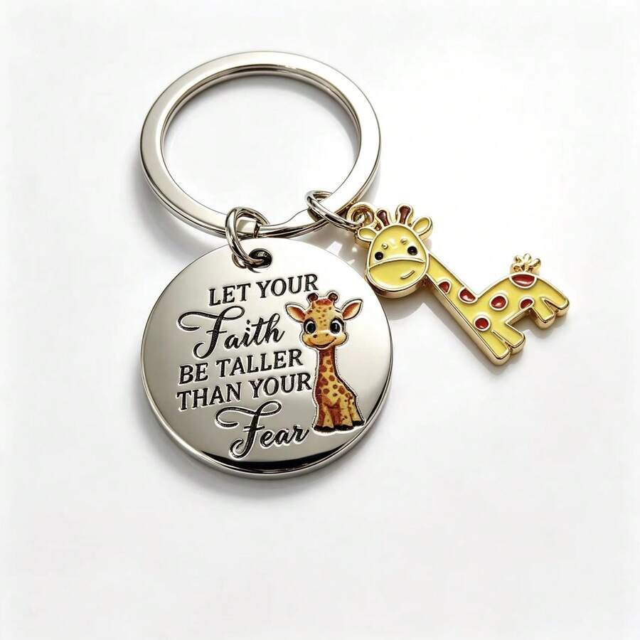 Giraffe Inspirational Keychain - "Belief Is Higher Than Fear" Stainless Steel Pendant, Gift For Friends, Students, Giraffe Enthusiasts - Multicolor - View 1
