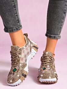 LiangJingJing Sepatu Sneakers Wanita Bertautan Rhinestone Berkilau dengan Sol Platform Empuk untuk Pemakaian Kasual Sehari-hari - Khaki - View 8