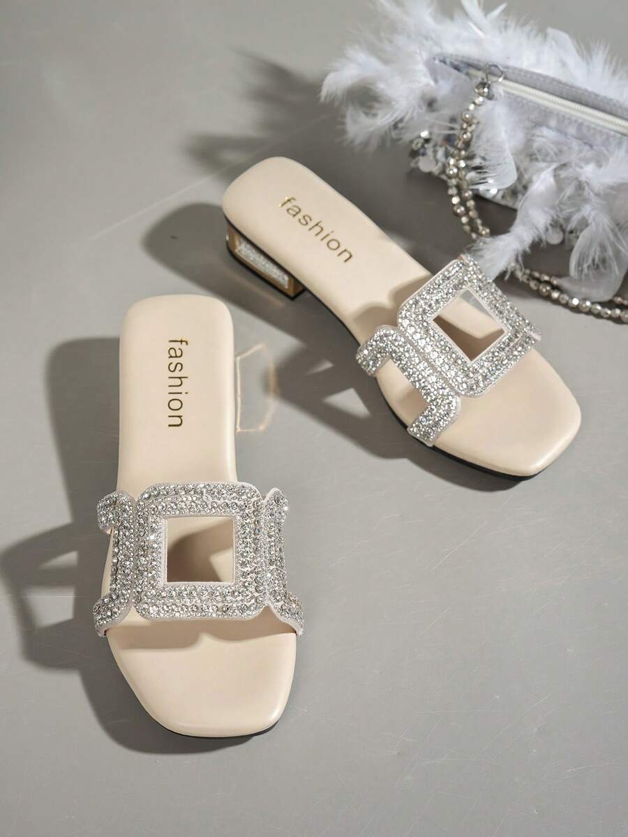 Light Luxury Rhinestone H-Shaped Low Heel Sandals For Women, Beach Vacation Outdoor Wear Square Toe Chunky Heel Fashion Sandals