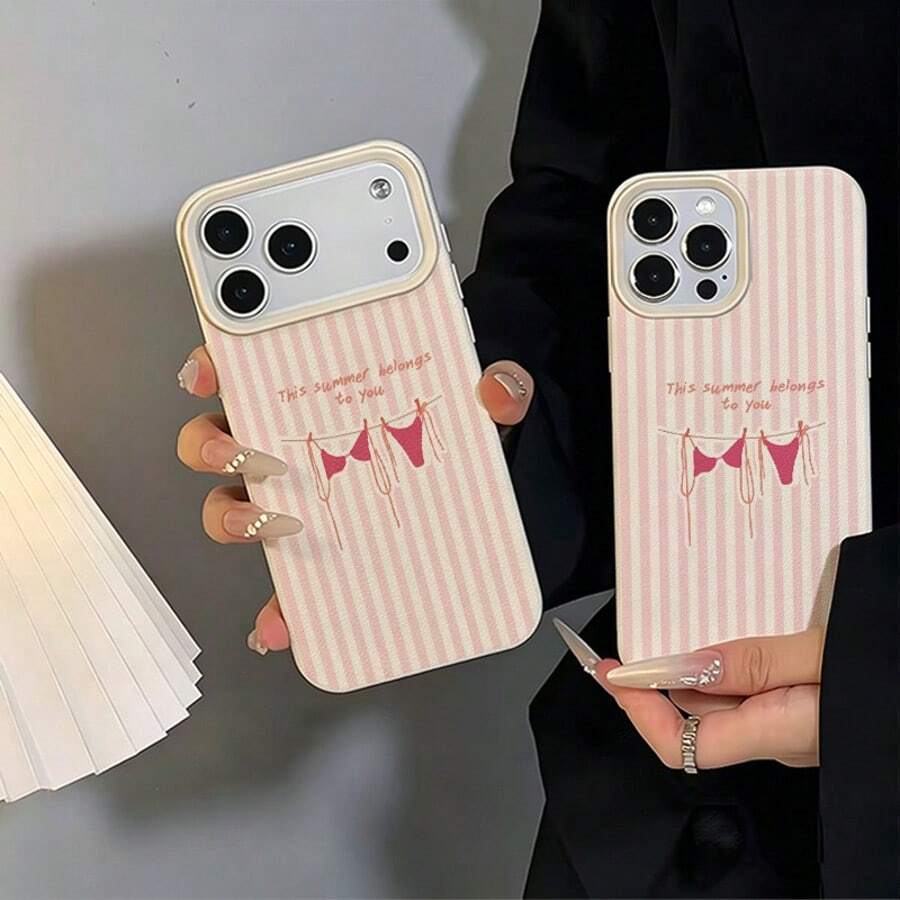 1pc TPU Material Summer Playful Pink & White Striped Slogan Pattern Phone Case Compatible With IPhone 17 Pro Max/17/16 Pro Max/15/13/12/11/ S20 FE/A15/S24/A55/ Note 11/Note 12/Note 13 Pro Full Coverage Shockproof Soft Protective Cover - White - View 1