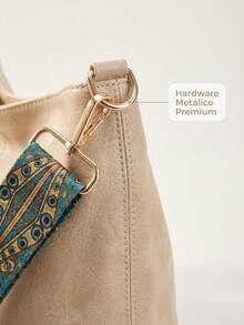 Women's High-Quality PU Bucket Bag, Wide Adjustable Printed Strap, Casual Street Style For Everyday Use - 象牙色 - 查看 6