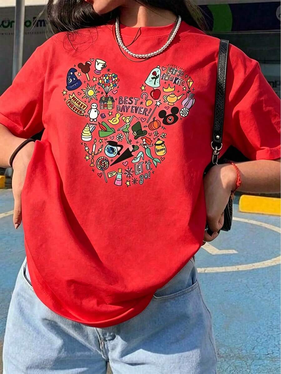 Unisex Casual Cotton Short-Sleeved Round Neck T-Shirt With "Best Day Forever" Print, Regular Fit, Men's Sizes Suitable For The Whole Family. - 紅色 - 查看 1
