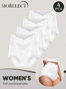 Morelect 4pcs/Set Women's High Waist Panties, Lace Patchwork, Jacquard Pattern, Tummy Control, Hip Shaping, Soft And Breathable - White - View 4