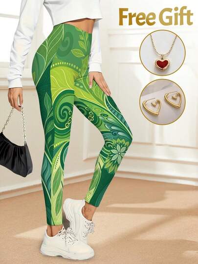 Comfortable Yoga Capri Pants With Green Graphic Print  Leaf & Swirl Design Printed Functional Activewear For Nature Lovers