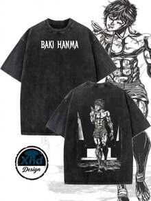 Men's Casual Streetwear T-Shirt With Baki Hanma Anime Character Design, Summer And Autumn Clothing, Gift For Anime Fans And Manga Lovers JT1B - 黑色 - 查看 1