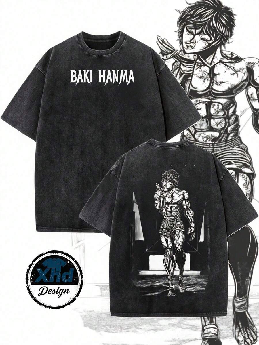 Men's Casual Streetwear T-Shirt With Baki Hanma Anime Character Design, Summer And Autumn Clothing, Gift For Anime Fans And Manga Lovers JT1B - 黑色 - 查看 1