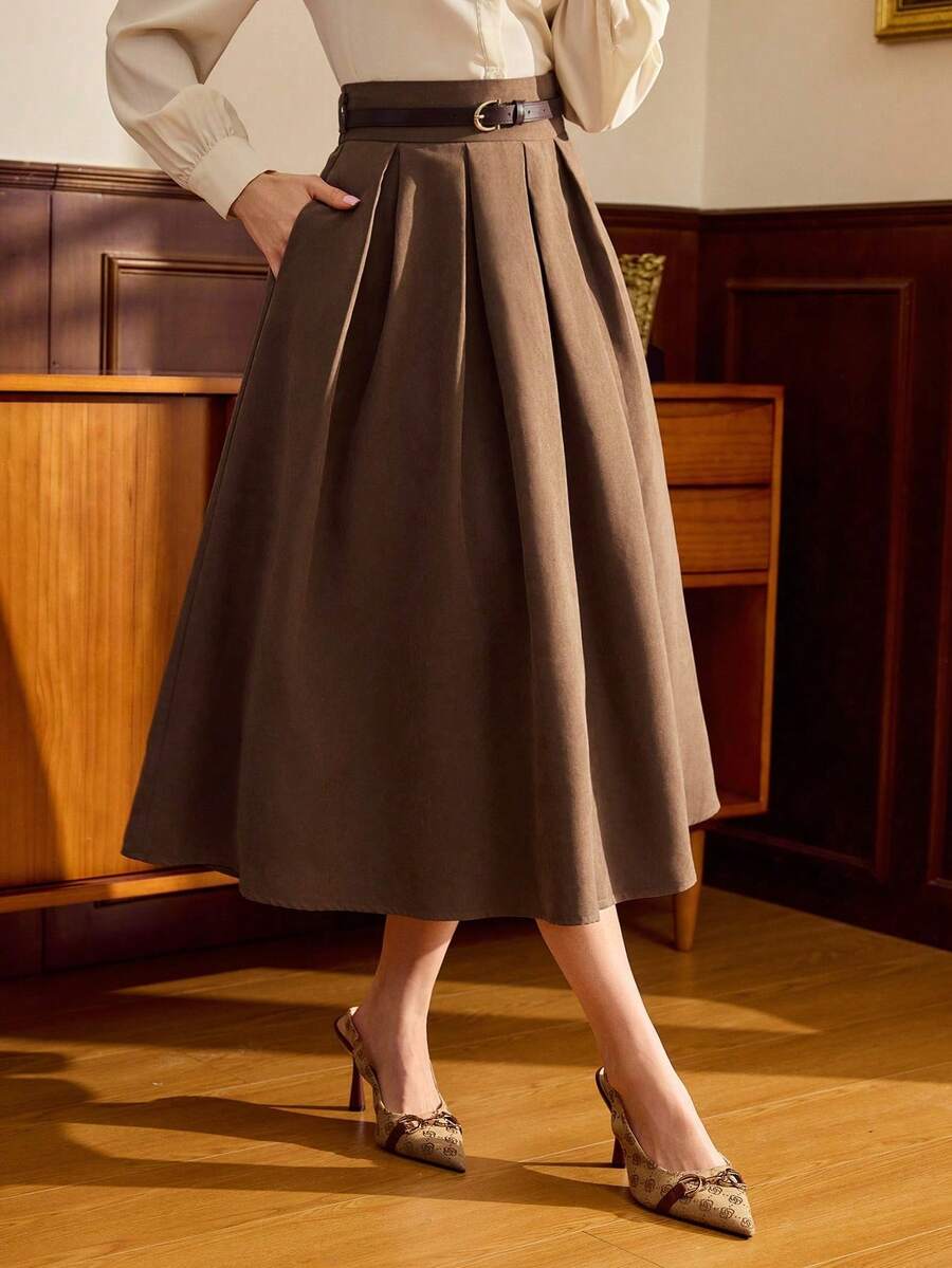 Falda de mujer vintage, elegante y clásica, para otoño/invierno, con cintura suelta y bolsillos, bajo acampanado, color marrón café, para festivales de mujeres - Café integral 2 - Ver 1