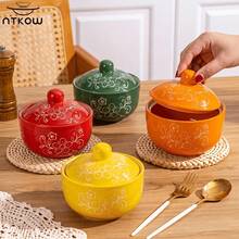 NTKOW 1 Piece Boho Hand-Painted Ceramic Casserole Bowl With Lid, 4.65-Inch Single Serving Stew Bowl, Microwave & Refrigerator , Perfect For Steamed Eggs, Soup, Bird's Nest, Family Meals, Holidays & Daily Home Use - View 2