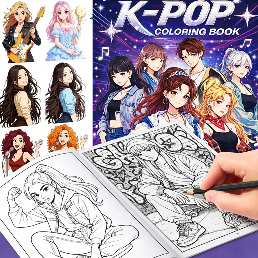 Fashion K-POP Idol Coloring Book With Cute Cartoon Characters, Portable Relaxation Coloring Pages For Stress Relief, Creative Art Supplies Gift For K-POP Lovers Girls Teens - Single Piece - View 1